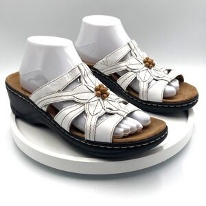 Clarks Collection Brinkley Flora White Leather Floral Wedge Slide Sandal Mens 10